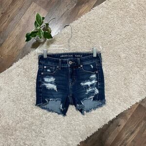 American Eagle Size 0 Dark Wash Low Rise Distressed The Dream Short Midi Shorts